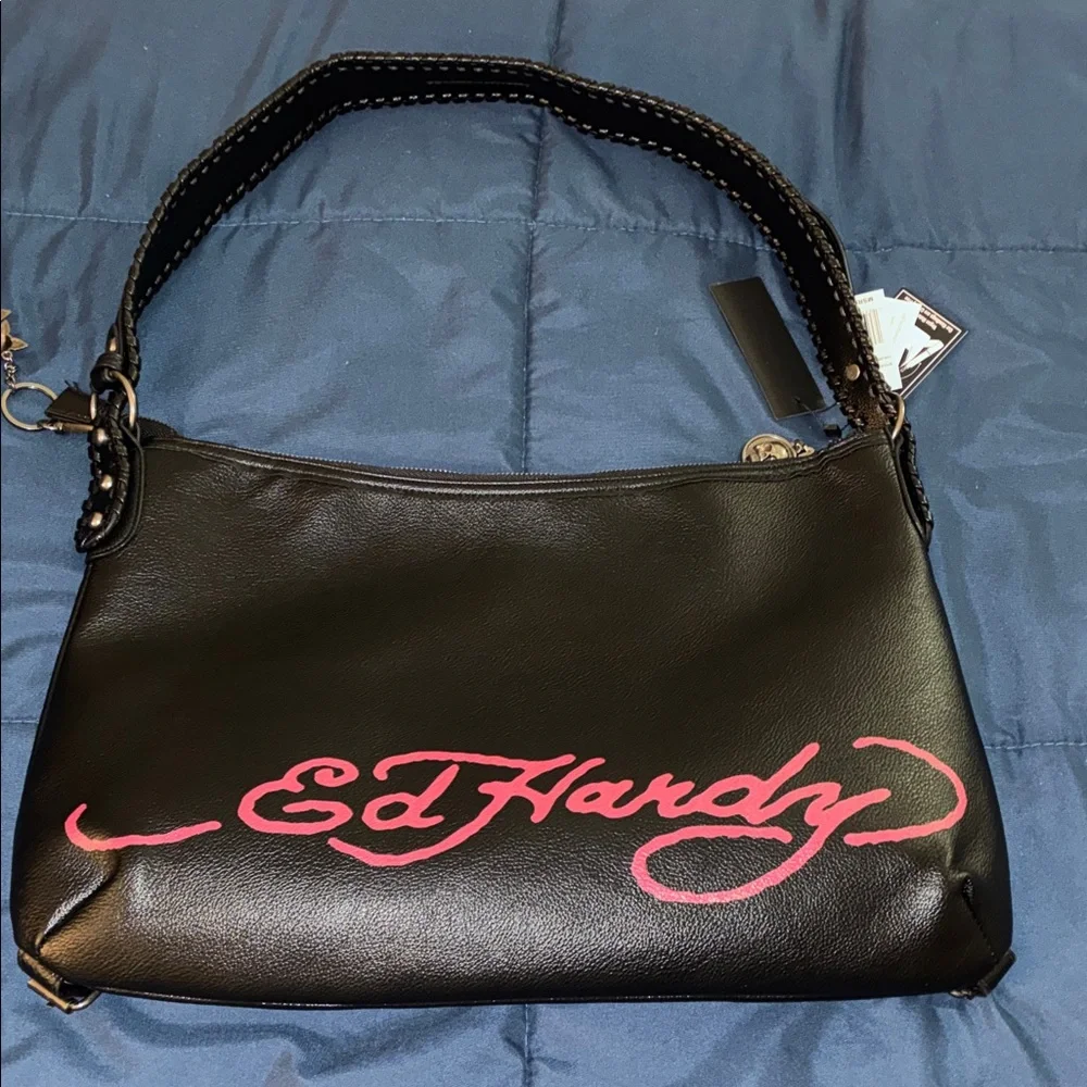 NWT Ed Hardy Black and Gray Hobo Shoulder Bag with Multicolor Design - Picture 2 of 6